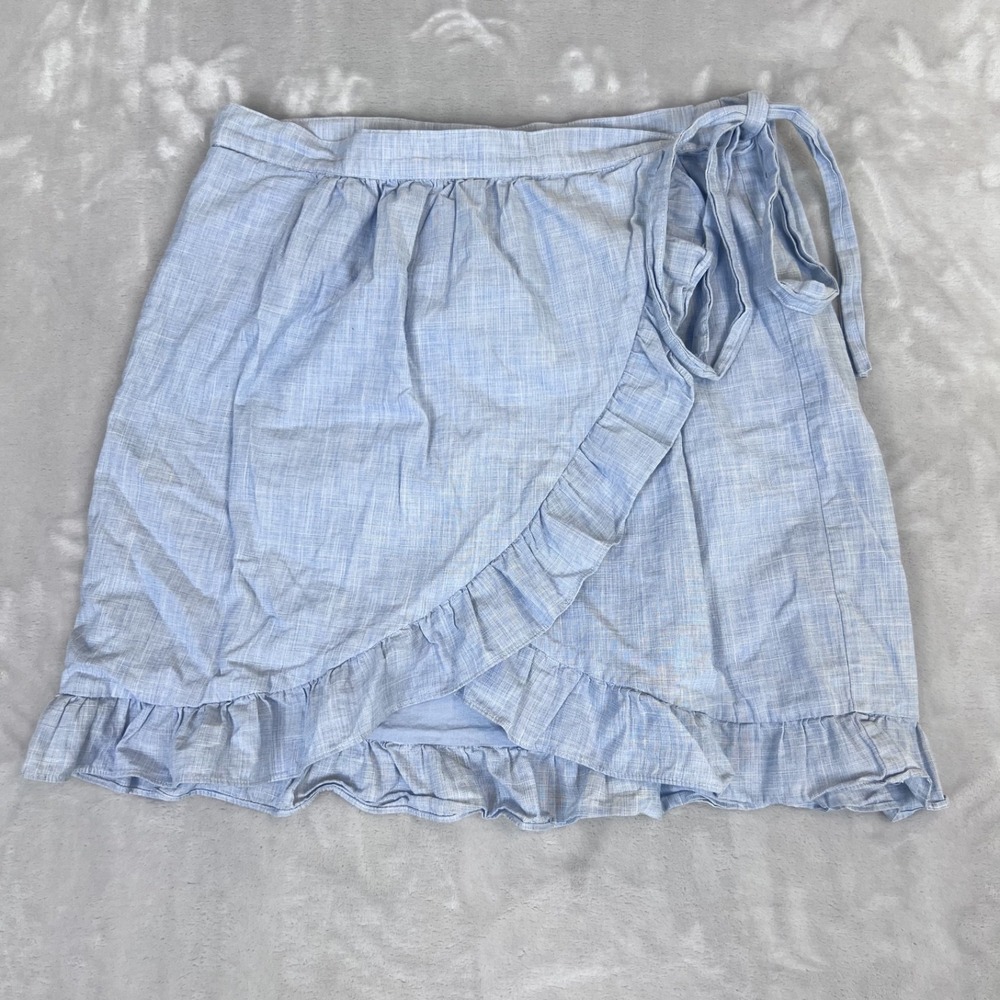 Madewell Meadow Ruffle Wrap Mini Skirt Womens 4 Blue Chambray Cotton Coastal